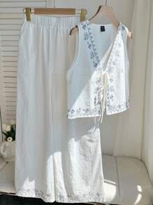 Comfortcana Summer Bohemian White Woven Print 2-Piece Outfit ,2 Piece Cotton Sets Women ,Summer Pants Sets