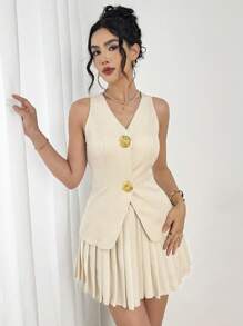 Modelyn 2pcs/Set Summer Commuter Single-Breasted Vest And Pleated Skirt Set - Apricot - View 5