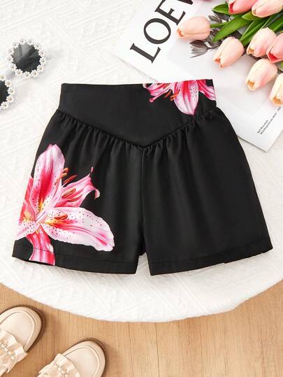 Floral Print Casual Pleated Loose Shorts For Young Girls Girls Floral Shorts Black Shorts For Girls Summer Shorts For Girls Cute Shorts For Girls Girls Casual Shorts