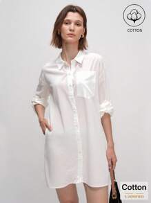 Airaco قميص كاجوال أكمام طويلة بأزرار أمامية وجيب بشكل رقعة منسوج لون سادة للعطلات - أبيض - مشاهدة 3