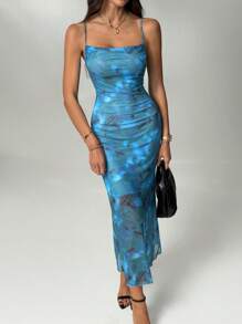 SHEIN Tall 女士夏季度假花卉印花吊带背心连衣裙 - 水鴨藍 - 查看 7