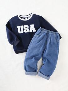 2pcs Young Boys' Colorblock High Neck Sweatshirt With Embroidery & Loose Fit Jogger Pants Set, Warm Fleece Lining, Casual Retro College Style Outfit For School, Graduation Season