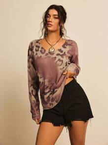 Freevana Suéter holgado de mujer con escote en V y estampado de leopardo, ropa de mujer estilo occidental, prendas de invierno para mujer de talla grande - Multicolor - Ver 3