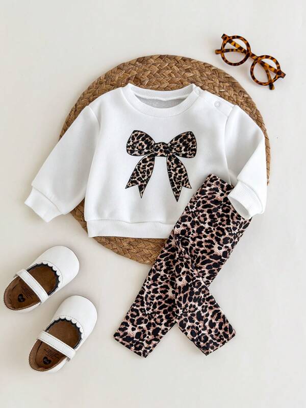 SHEIN Newborn Leopard Print Bow Fleece Hoodie And Leggings Set