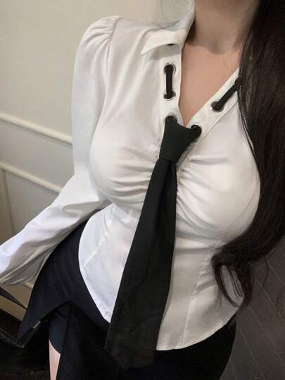 DAZY 女士镂空抽绳领拼接撞色长袖衬衫，修身款，适合上学、毕业季、春夏穿着