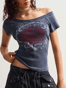 Bohemela 波西米亚风纯色针织露肩短袖女式T恤