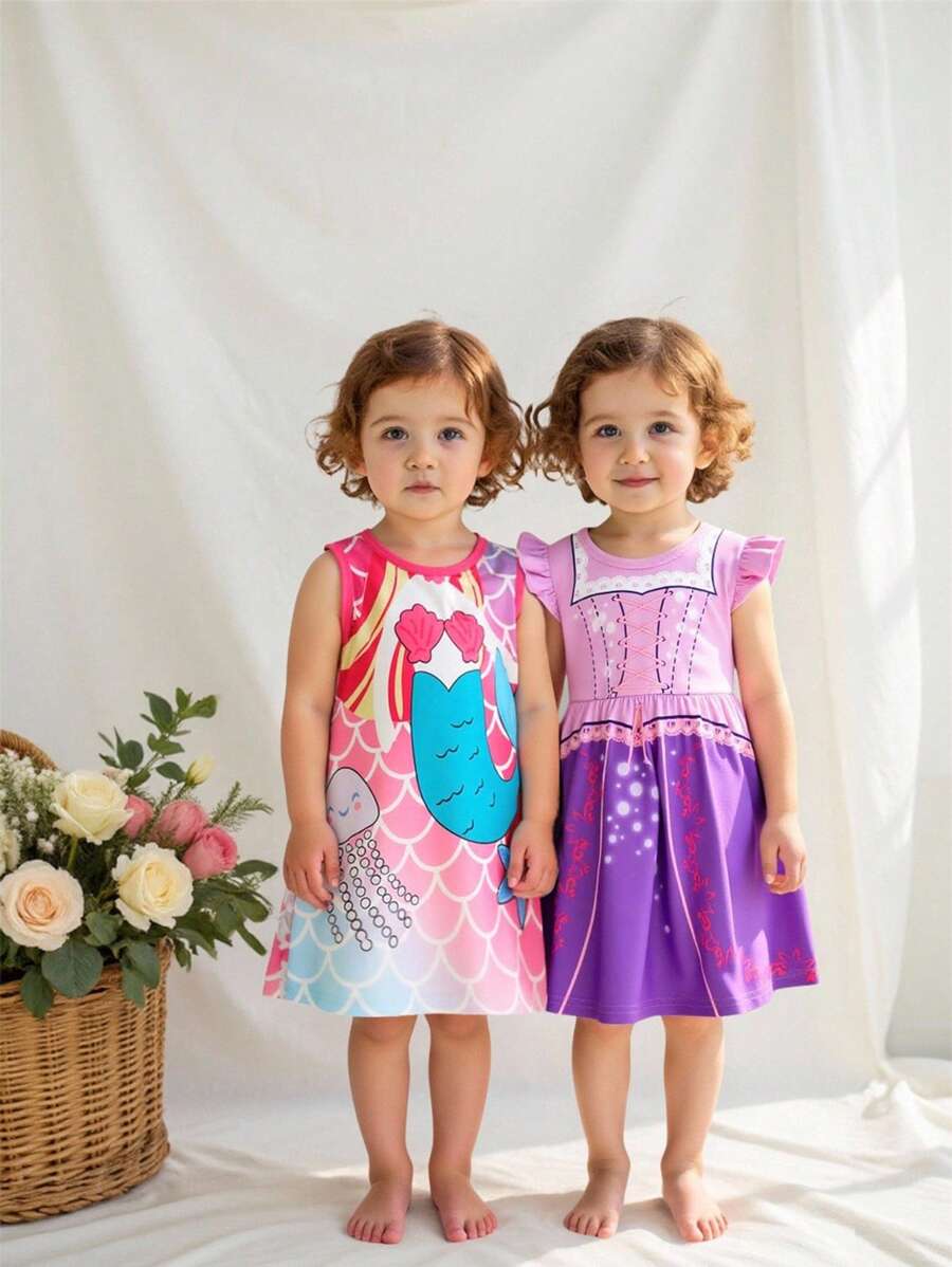 2 In 1 Set,Baby/Toddler Girl Light Pink Summer Cute Graphic Birthday Mermaid Print Princess Dress&Knit Jacquard Ruffle Hem Loungewear Dress For Girl - Multicolor - View 1