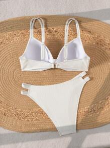 Swim Basics 2pcs/Set Women Push Up Simple Solid Color Textured Fabric Spaghetti Strap Bikini Swimwear Sets, Beach Summer Outfits - White - View 6