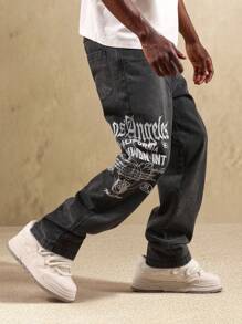 SUMWON 印花宽松牛仔街头时尚涂鸦印花超大阔腿直筒牛仔裤秋冬滑板风休闲款 - 黑色 - 查看 4