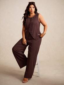 Elaquor 大码夏季休闲纯色纽扣前吊带背心和裤子套装