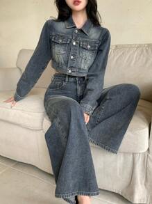 DAZY 2 Stücke Damen Retro Gewaschen Denim Jacke & Weite Hose Set, Lässiger Loose Streetwear Outfit, Herbst/Frühling, Damen Kleidung