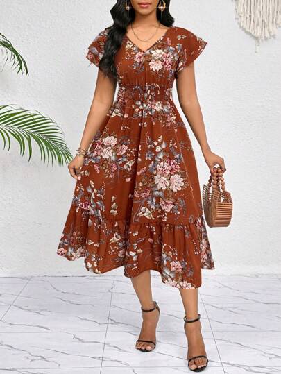 SHEIN Lady Floral Print Ruffle Trim Pleated Hem Belted Dress Midi Dress Casual Everyday Elegant Party Four Seasons Birthday&Event Dresses /Office Dresses /Holiday Dresses