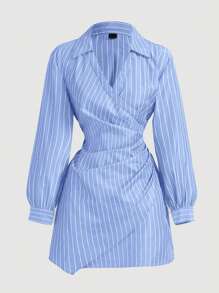 SHEIN MOD Blue White Stripe Print Cross-Wrap Ruffle Long Sleeve Women Dress,Christmas Dress,Thanksgiving Shirt,Business Women Clothes,Beach Women Outfits - Blue - View 1