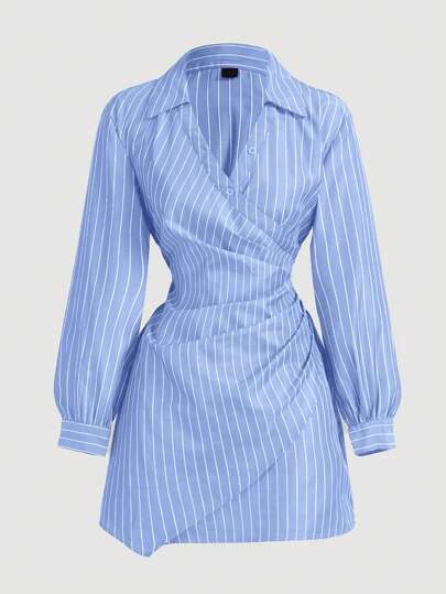 SHEIN MOD Blue White Stripe Print Cross-Wrap Ruffle Long Sleeve Women Dress,Christmas Dress,Thanksgiving Shirt,Business Women Clothes,Beach Women Outfits