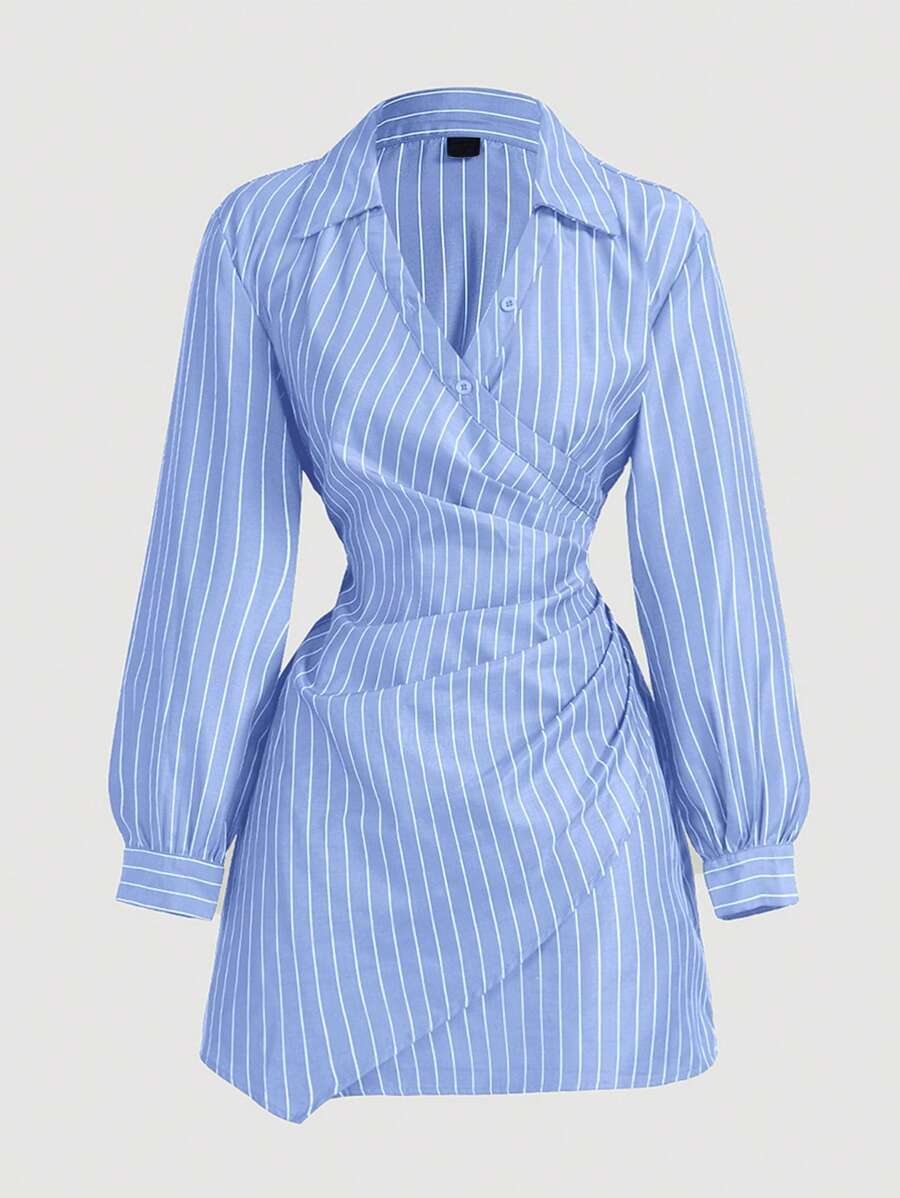 SHEIN MOD Blue White Stripe Print Cross-Wrap Ruffle Long Sleeve Women Dress,Christmas Dress,Thanksgiving Shirt,Business Women Clothes,Beach Women Outfits - Blue - View 1