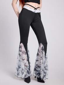 ROMWE Goth Pantalones largos de campana con diseño de encaje y venda de estilo gótico de cintura baja para mujeres - Negro - Ver 6