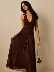 Poéselle Women's Sleeveless Backless Dress,  Flowy Dress,Sun Dress,Casual Dresses For Woman,Business Casual Woman,Old Money,Elegant  Women,Summer/Fall - Brown - View 2