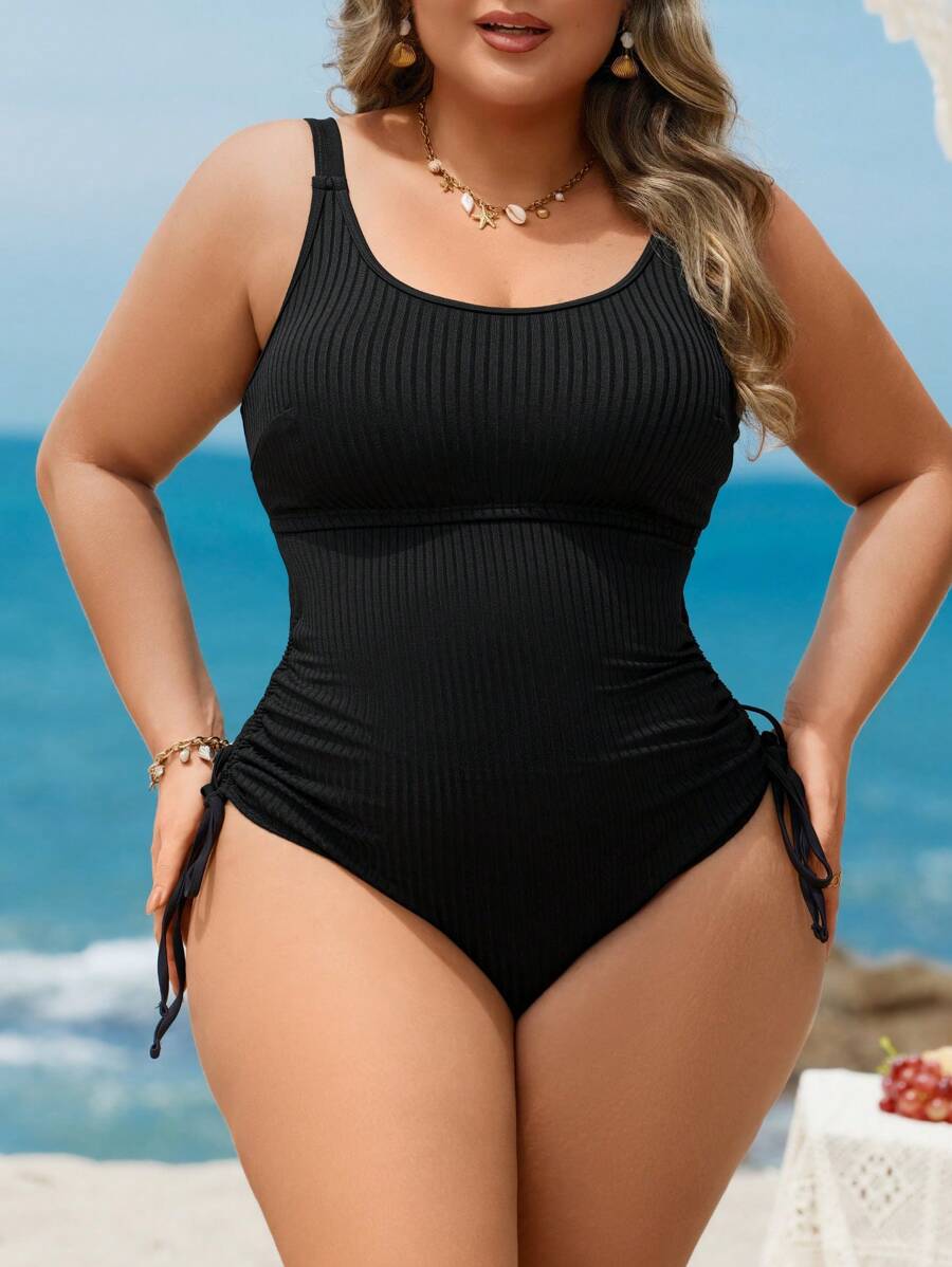 Swim Lushoire Plus Size Women's New Solid Color Special Fabric One-Piece Swimsuit, Adjustable Strap, Removable Padding, Side Drawstring, Tummy Control, Sexy, Casual, Fashionable, Suitable For Beach, Swimming For Summer Beach Vacation