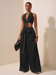 Zivah Conjunto de dos piezas para mujer, estilo nuevo, informal, para vacaciones, citas diarias, playa, fiesta, club, elegante, cuello halter, tirantes, escote en V profundo, diseño de tirantes delanteros y centrales, sin mangas, pantalones extra largos de pierna ancha, color albaricoque.