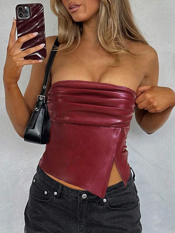 Siren Gaze Women Leather Top Fashionable Ruched Asymmetric Hem Tube Top, Suitable For Going Out And Parties Christmas Top Ruffle PU Leather Side Slit Hem Bandeau Crop Top