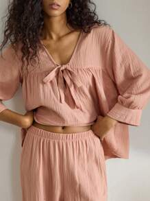 Ocili Leisure Women's Comfortable Cotton Soft Gauze Mid-Sleeve Top & Pants Lounge Set With Front Tie, Sleepwear Holiday Season Outfit, Fall Winter Clothes - Dusty Pink - View 4