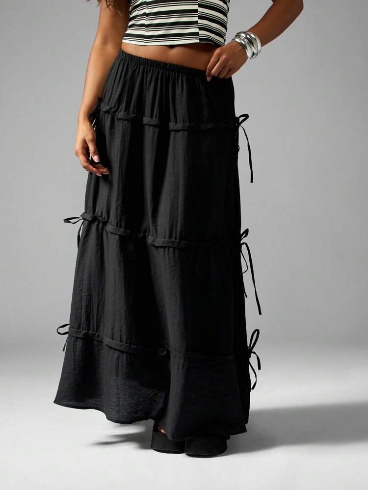 MISSGUIDED Linen Tiered Maxi Skirt Festival Drawstring Waist Beach Summer Boho Long Peasant Style Bohemian Design Casual Vacation Resort Wear