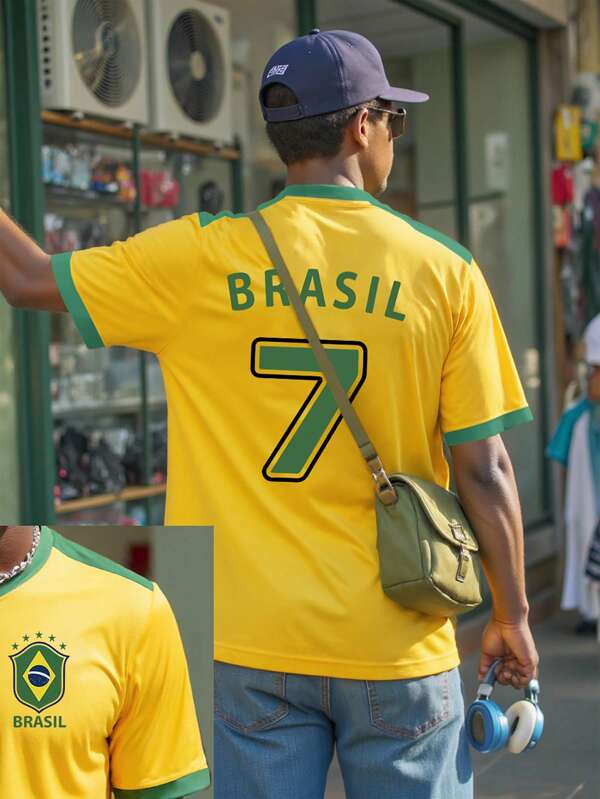 Manfinity Dauomo Herren Rundhals Kurzarm 'Brasil 7' T-Shirt mit Zahlen- und Buchstaben Muster in Lässig Loose Fit