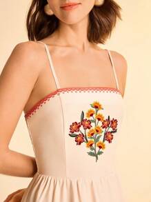 CAJUNI Women's Holiday Boho Colorful Tropical Floral Print With Spaghetti Straps Back Elastic Waist A-Line Summer Beige Holiday Long Dress