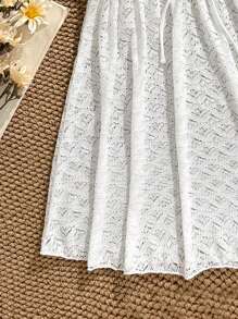 Teen Girls Solid Color Lace Drawstring Waist Bikini Cover Up White Lace Dress White Summer Dress White Beach Dress White Vacation Dress White Cover-Up DressIt Pairs Well With A One-Piece Swimsuit Set For A Vacation Beach