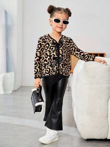 SHEIN Leap Crew Young Girl Leopard Print Knitted Cardigan, Casual Jacket - Multicolor - View 5