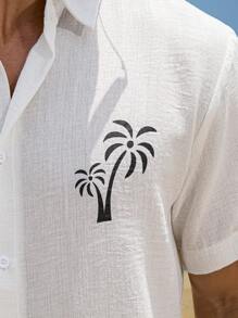 Manfinity Homme 男士夏季度假风格棕榈树印花短袖衬衫 - 白色 - 查看 3