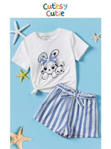 SHEIN Tween Girl Cartoon Graphic Bow Front Tee & Striped Shorts - Blue and White - View 1