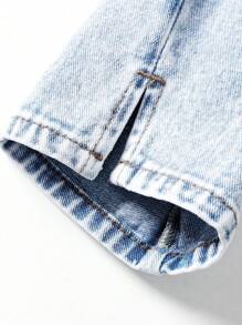 SHEIN Playful Pals 女童休闲时尚斜门襟和开衩下摆设计洗水牛仔直筒裤 - 淺色水洗藍 - 查看 8