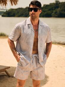 Manfinity Men's Tropical Plant Printed Shirt And Shorts Beach Set Men Beach Wear Sets Men Vacation Outfit Men Resort Wear