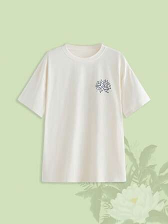 The White Lotus Women Summer Casual Letter And Flower Print Round Neck Short Sleeve T-Shirt