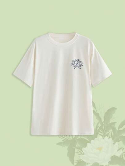 The White Lotus Women Summer Casual Letter And Flower Print Round Neck Short Sleeve T-Shirt
