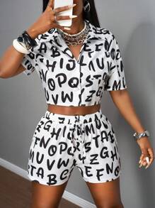 Slaydiva 2025 Summer New Style Birthday Party Back To School Season College Style Student Wear Daily Street Basic Versatile Elegant Commuter Business Casual Vacation Beach Cruise Travel Beach Sunbathing Popular Internet Celebrity Hot Style Lapel Short Sleeve Short Loose Top And Fitted Shorts Buttons Can Be Opened Elastic Waist Letter Print Summer Suit Women's Two-Piece Suit - Multicolor - View 7