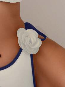 Swim Chiccia 女士度假海滩撞色3D花卉装饰泳衣套装 - 藍色 - 查看 4