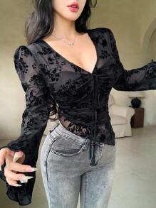 DAZY Ditsy Floral Asymmetric Hem Drawstring V-Neck Fitted Blouse With Bell Sleeves, Suitable For Spring & Summer Long Sleeve Women Tops,Fall Women Clothes