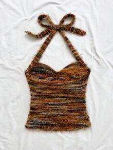 Soleia Vacation Halter V-Neck Floral Metallic Buckle Knit Fabric Top, Suitable For Music Festivals, Boho Style, Holiday And Afternoon Tea Dates - Multicolor - View 2