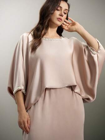 Flouryn Plus Size Crew Neck Long Sleeve Casual Top And Skirt 2 Pieces Set