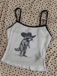 Attitoon 女士休闲性感吊带背心，紧身黑色和灰色拼接浣熊印花背心 - 淺灰色 - 查看 4