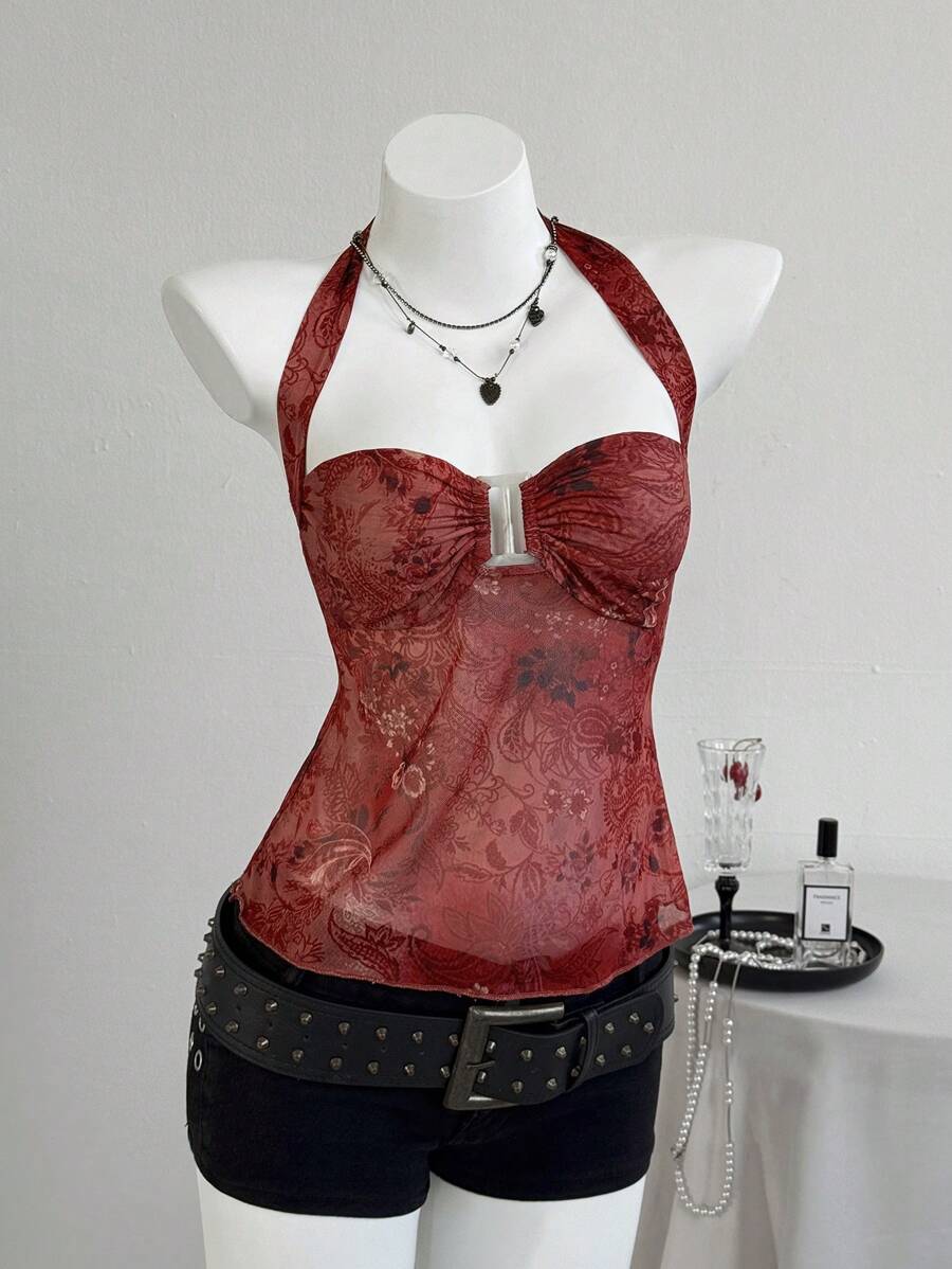 Elamini Women's Sexy Printed Spaghetti Strap Camisole - Red - View 1