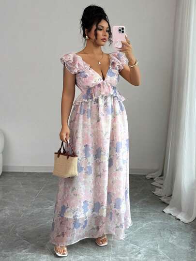 Elenzga Plus Size Women's Spring/Summer French Romantic Sicily Elaborate Elegant Casual Office Vacation Afternoon Tea Party Organza Glass Yarn Floral Print Ruffle Trim Lined Long Maxi Slip Dress