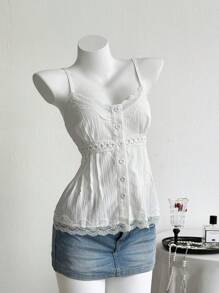 Elamini 甜美优雅蕾丝拼接 V 领修身吊带背心女式衬衫，夏季