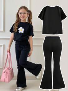 SHEIN Conjunto de 2 piezas de parte superior de manga corta con cuello redondo y pantalones, estilo minimalista casual para niña, apto para el verano - Negro - Ver 2