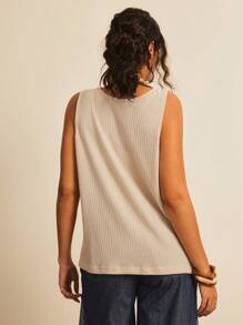 Freevana Plus Waffle Knit Button Front Tank Top - Apricot - View 2
