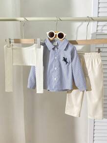 SHEIN Set de 3 piezas ropa casual multifuncional para bebé niño: impermeable, camisa a rayas con cuello y pantalones de cintura elástica, adecuado para ir al trabajo, a la escuela, casual, vacaciones, bodas y otras ocasiones, de 6 meses a 3 años, ropa para niños y bebés