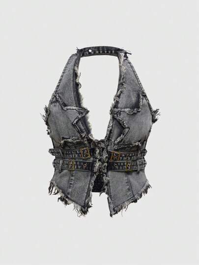 J-Fashion Plus Size Sexy Distressed Star Halter Crop Top Denim Shirt