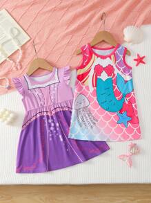 2 In 1 Set,Baby/Toddler Girl Light Pink Summer Cute Graphic Birthday Mermaid Print Princess Dress&Knit Jacquard Ruffle Hem Loungewear Dress For Girl - Multicolor - View 3